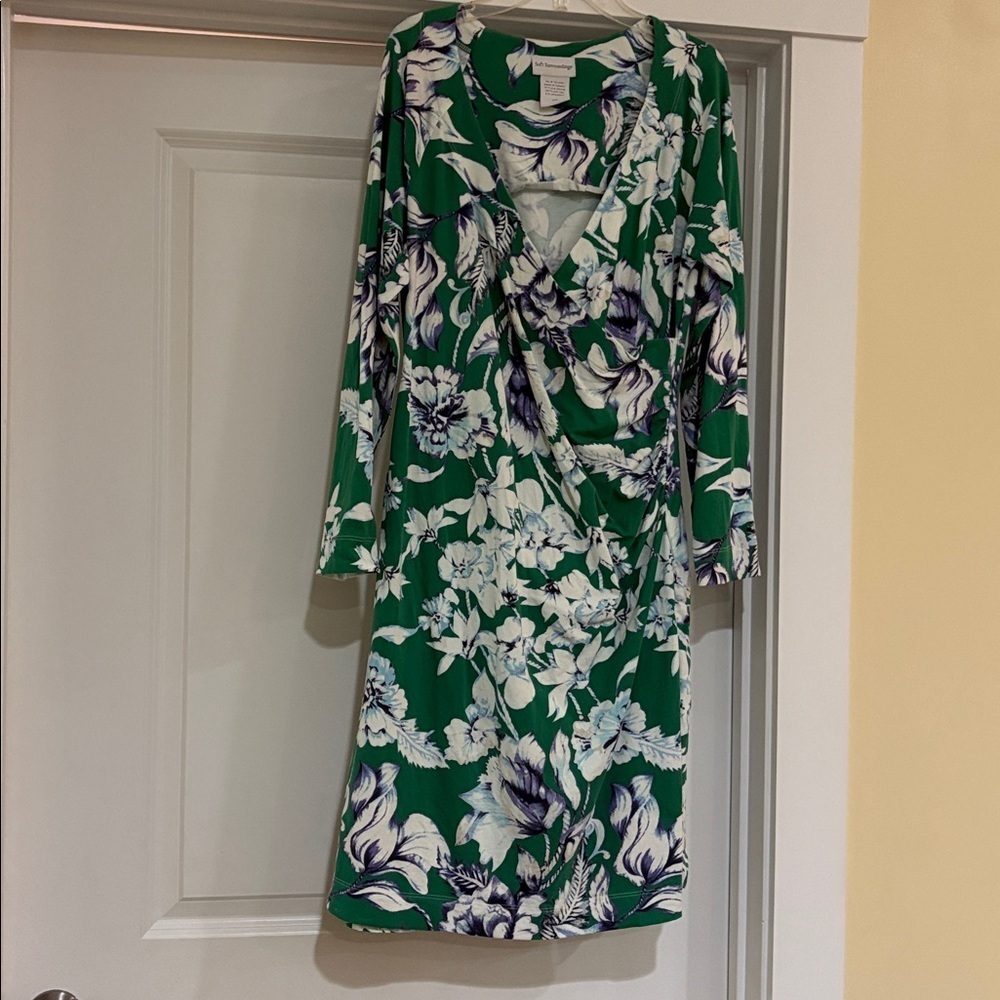 Soft Surroundings Green Floral Knit Dress petite medium. Faux wrap long sleeves